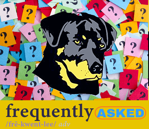 Graphic of the Dog Bite Law logo of Attorney Kenneth M. Phillips surrounded by questions marks, with the title "Frequently Asked."