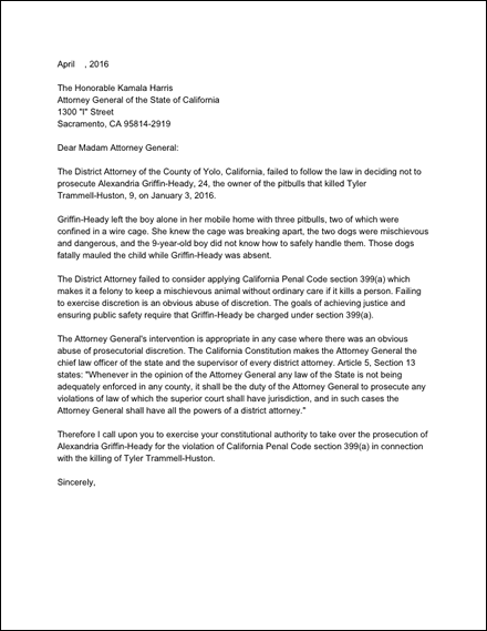 Attorney General letter re dog mauling