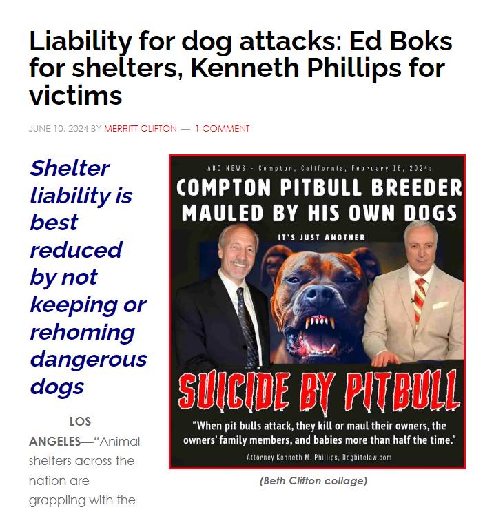 Article in Animals 24-7, "Liability for Dog Attacks: Ed Boks for Shelters, Kenneth Phillips for Victims."